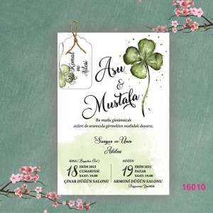Tek Kart İpli Etiketli Yonca Yapraklı Düğün Davetiyesi