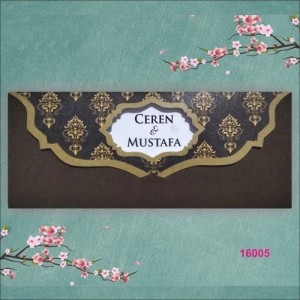 Siyah Zemine Altın Rengi Desenli Katlamalı Davetiye