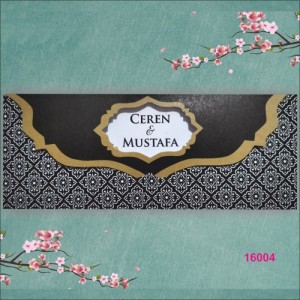 Siyah Zemine Desenli Katlamalı Düğün Davetiyesi