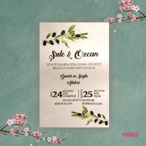 Zeytin Dalı Tasarımlı Beyaz Zarflı Düğün Davetiyesi