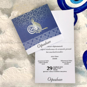 Tuğralı Mavi Zeminli Katlamalı Sünnet Davetiyesi