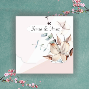 Çiçekli Zarfsız Katlamalı Kare Düğün Davetiyesi