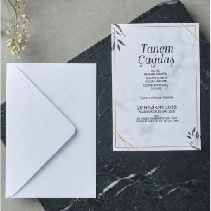 Yapraklı Sade Beyaz Zarflı Davetiye