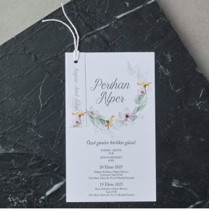 İpli Etiketli Zarfsız Tek Kart Çelenkli Davetiye