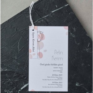 İpli Etiketli Zarfsız Tek Kart Çiçekli Davetiye