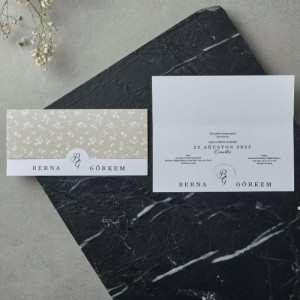 Dışı Bej Çiçek Desenli Katlamalı Davetiye