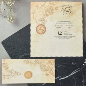 Krem Zemine Desen Baskılı Tuğralı Davetiye