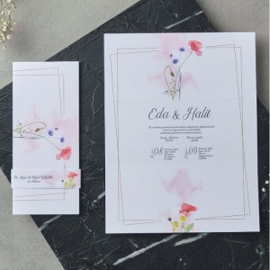 Üçe Katlamalı Pembe Çiçekli Davetiye