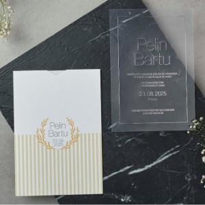 Zarfı Çizgililı Yaldız Süslü Asetat Davetiye