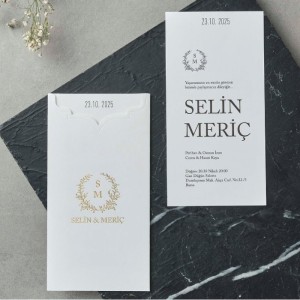 Beyaz Dikey Zarfa Yaldız Süslemeli Davetiye