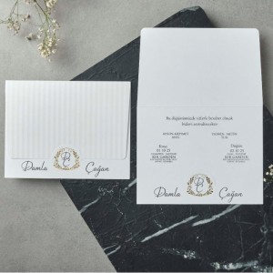 Çizgili Altın Yaldız Süslemeli Katlamalı Davetiye