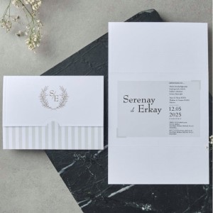 Çizgili Düz Beyaz Kombinli Katlamalı Davetiye