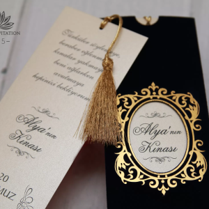 Kadife Dikey Tasarımlı Zarflı Püsküllü Düğün Davetiyesi