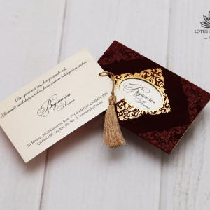 Bordo Dikdörtgen Kadife Zarflı Düğün Davetiyesi