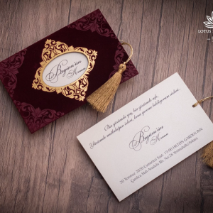 Bordo Dikdörtgen Kadife Zarflı Düğün Davetiyesi
