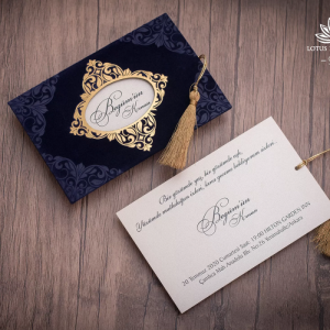 Lacivert Dikdörtgen Kadife Zarflı Düğün Davetiyesi