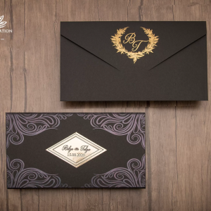 Siyah Zarfa Bakır Yaldız Süslemeli İçi Katlamalı Davetiye