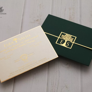 Yeşil Katlamalı Zarfa Altın Yaldız Baskılı Düğün Davetiyesi