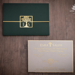 Yeşil Katlamalı Zarfa Altın Yaldız Baskılı Düğün Davetiyesi