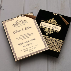 Siyah Pencereli Yaldız Süslemeli Kadife Düğün Davetiyesi