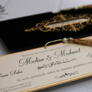 Siyah Kadife Zarfa Yaldız Süslemeli Mukavva Düğün Davetiyesi