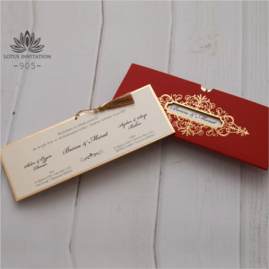 Kırmızı Yaldız Süslemeli Zarflı Mukavva Düğün Davetiyesi