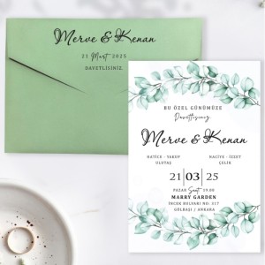 İçi Okaliptus Yapraklı Yeşil Zarflı Düğün Davetiyesi
