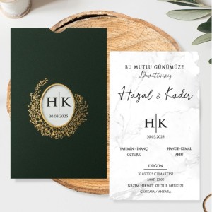 Yaldız Süslemeli Yeşil Pencereli Zarflı Düğün Davetiyesi