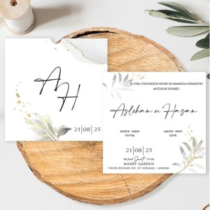 Kare İç Dış Yaprak Desen Kombinli Düğün Davetiyesi