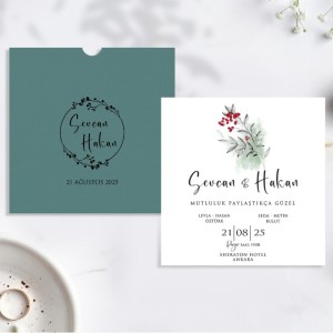 Yeşil Kare Zarflı İçi Sade Düğün Davetiyesi