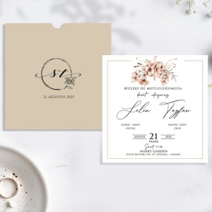 Bej Kare Zarflı Sade Düğün Davetiyesi