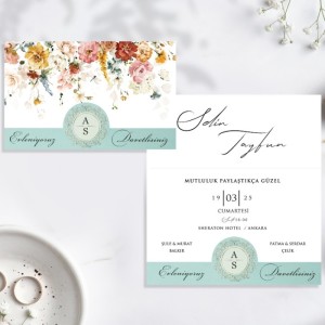 Çiçek Desenli Üstten Katlamalı Düğün Davetiyesi