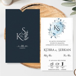 Lacivert Zarflı Harf Baskılı Düğün Davetiyesi