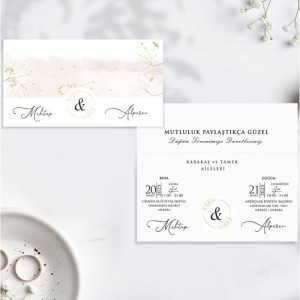 Krem Zeminli Yaprak Desenli Katlamalı Düğün Davetiyesi