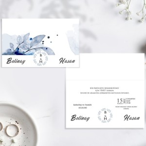 Mavi Gri Renkli Yapraklı Katlamalı Davetiye Modeli