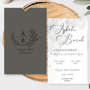 Gri Zarflı İsim Baskılı Sade Düğün Davetiyesi