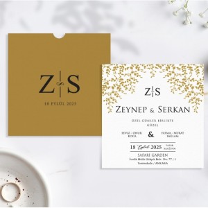 Kare Zarflı Kraft Kağıt Yapraklı Düğün Davetiyesi