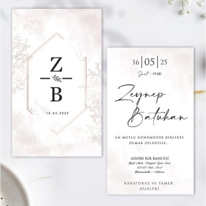 Krem Zarflı Baş Harf Baskılı Düğün Davetiyesi
