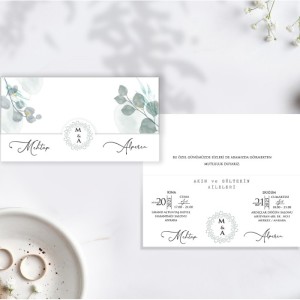 Üstten Katlamalı Yapraklı Düğün Davetiyesi