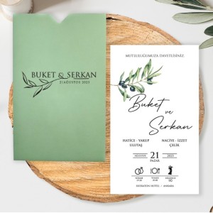 Üstten Kesik Zarflı Yeşil Yapraklı Düğün Davetiyesi