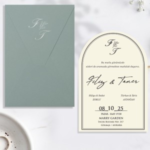 Mavi Üçgen Kapaklı Zarflı Oval Kartlı Düğün Davetiyesi