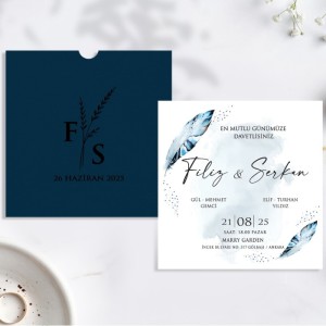 Lacivert Kare Zarfa Baskılı Yapraklı Davetiye Modeli