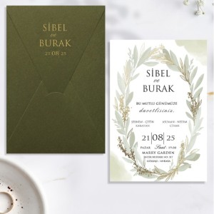 Yeşil Zarfa Yaldız Baskılı Yapraklı Düğün Davetiyesi