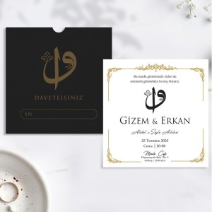 Siyah Kare Zarflı Elif Vavlı Düğün Davetiyesi