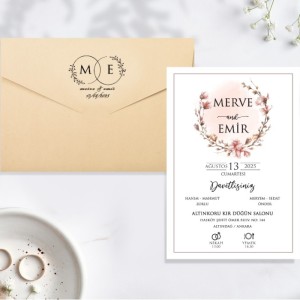 Pembe Zarflı İçi Çiçek Desenli Düğün Davetiyesi