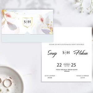 Yapraklı Desenli Katlamalı Zarfsız Düğün Davetiyesi