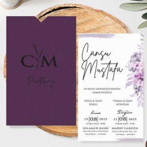 Mor Zarflı Çiçek Desenli Düğün Davetiye Tasarımı
