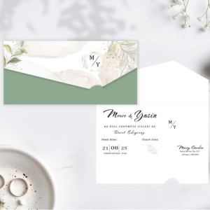 Yaprak Desenli Yeşil Desenli Katlamalı Davetiye