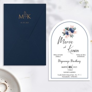 İçi Oval Kesim Çiçekli Lacivert Zarflı Davetiye