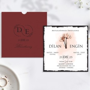 Kare Zarflı Bordo Sade Düğün Davetiyesi